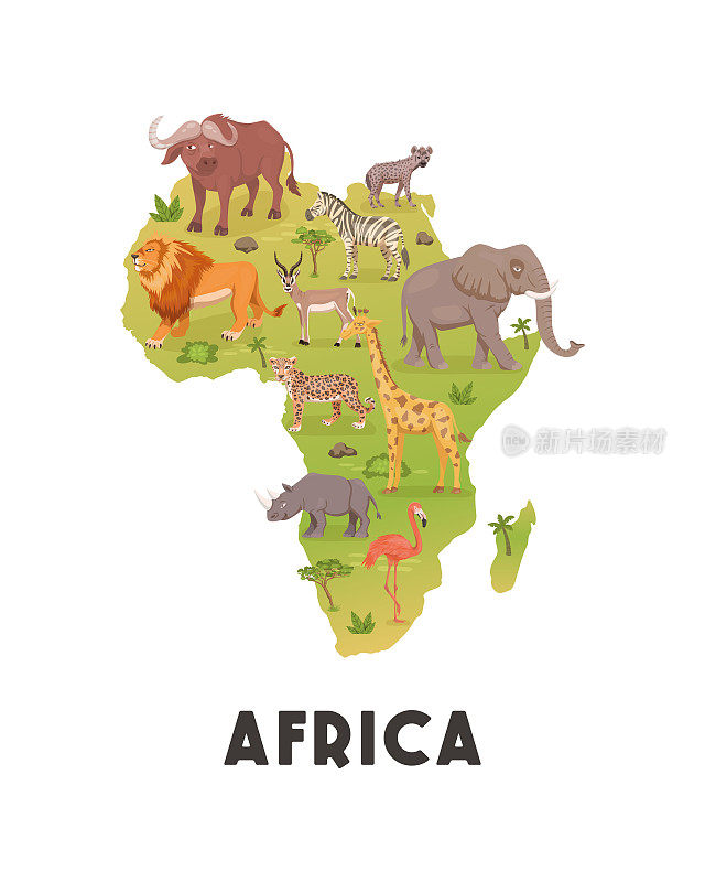 非洲大草原野生动物集，非洲大陆。采购产品狮子，犀牛，斑马，水牛，长颈鹿，火烈鸟，豹，瞪羚，大象，鬣狗。矢量插图。非洲的动物。Savannh Safari的概念